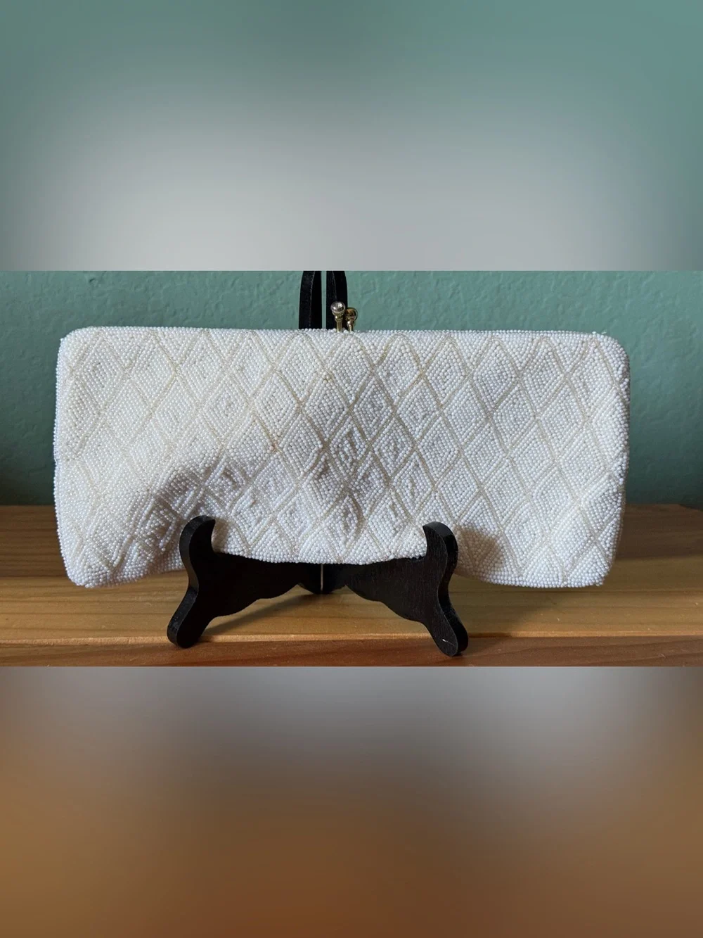 Vintage Richere White Beaded Clutch Hand Made Japan 10” Evening Bag